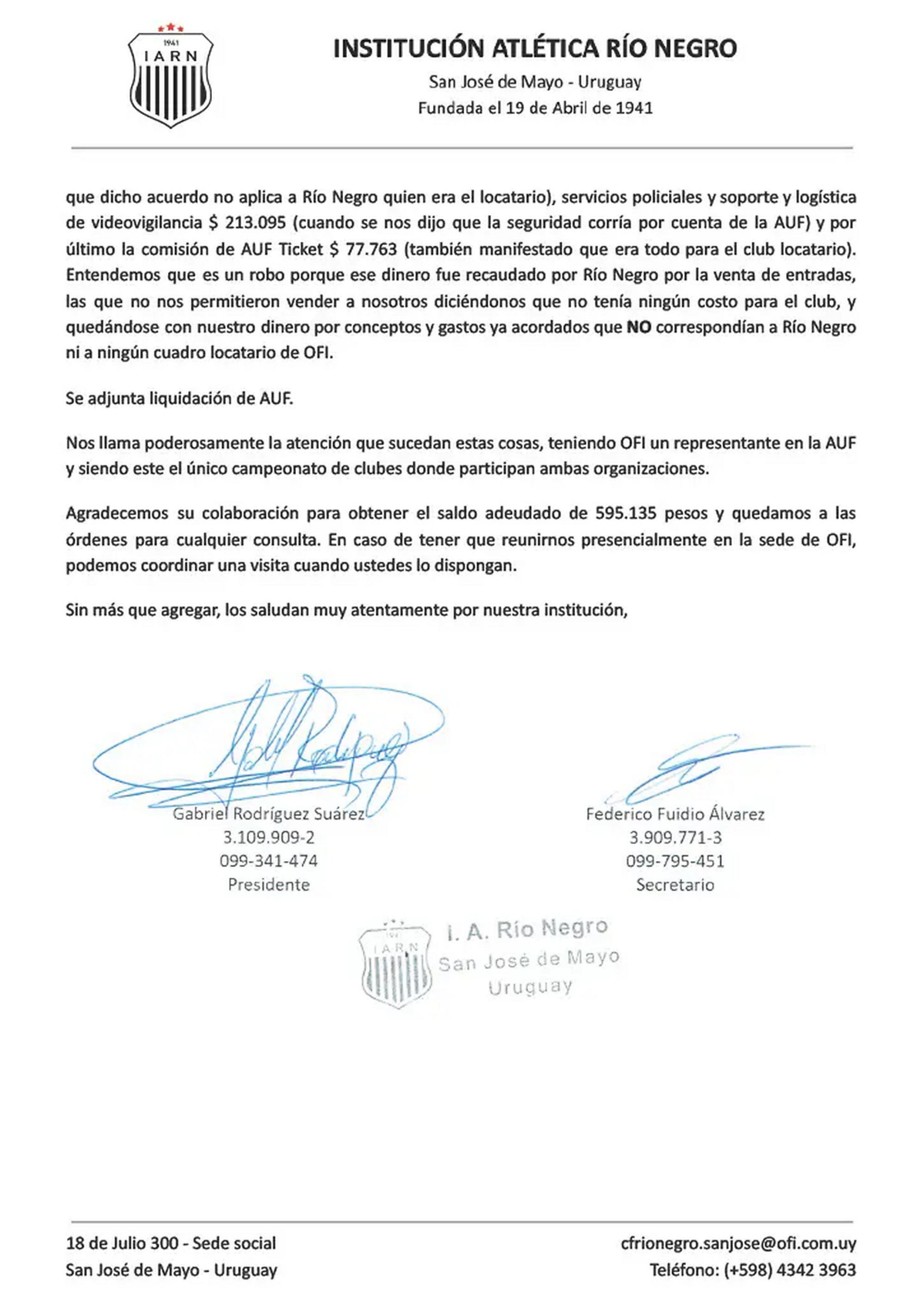 Comunicado de Río Negro de San José Comunicado de Río Negro de San José