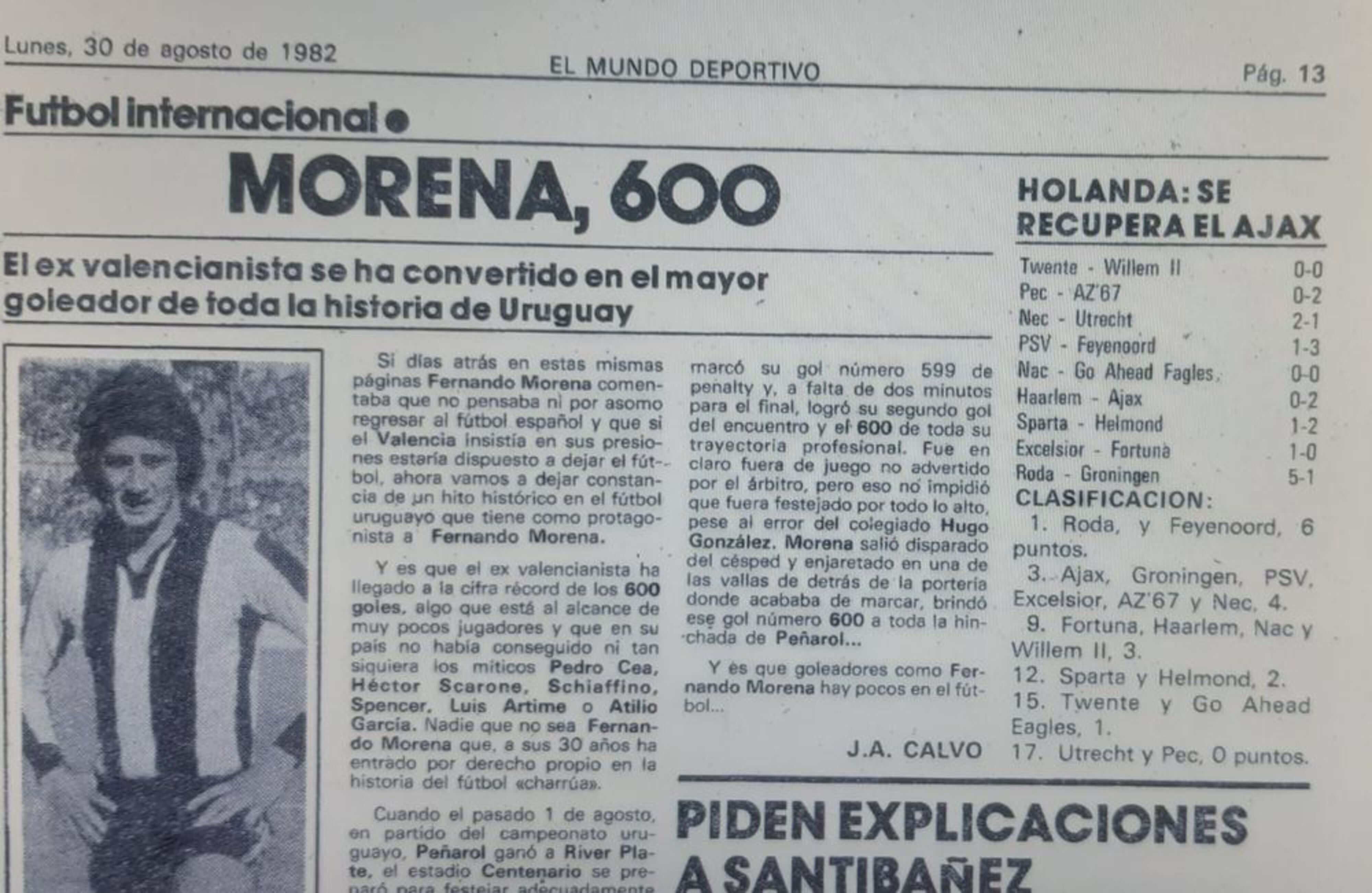 El diario espa&ntilde;ol Mundo Deportivo recalc&oacute; los 600 goles de Fernando Morena en su carrera